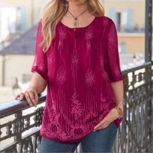 SUNDANCE Cora top, exquisitely embroidered, sheer short sleeves, Size PM,‎ EUC